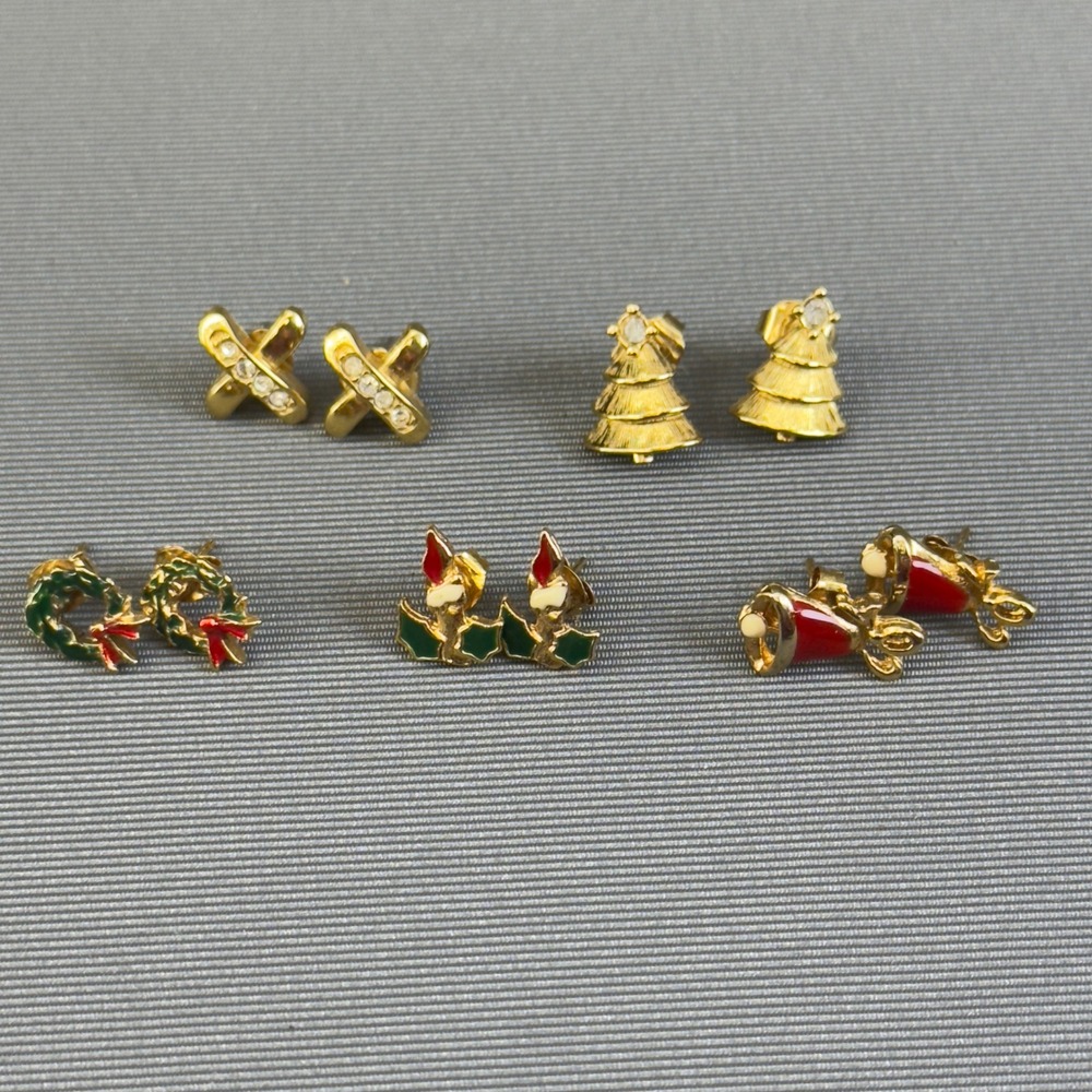 Vintage Avon Christmas Stud Earrings Lot 5 Pairs Holiday Enamel Gold‎ Tone Set